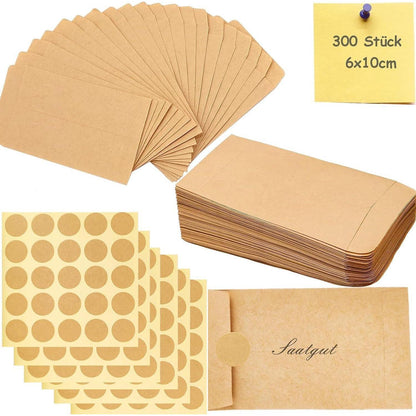 300 Mini Papiertüten Braun mit 150 Aufklebern, 6x10cm