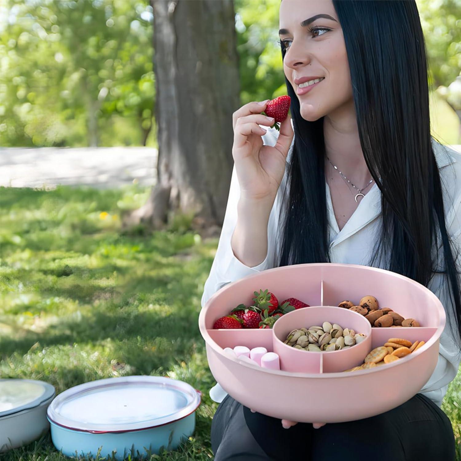 Bugucat Snackbox mit 5 Fächern und Transparentem Deckel in Grün/Rosa/Blau