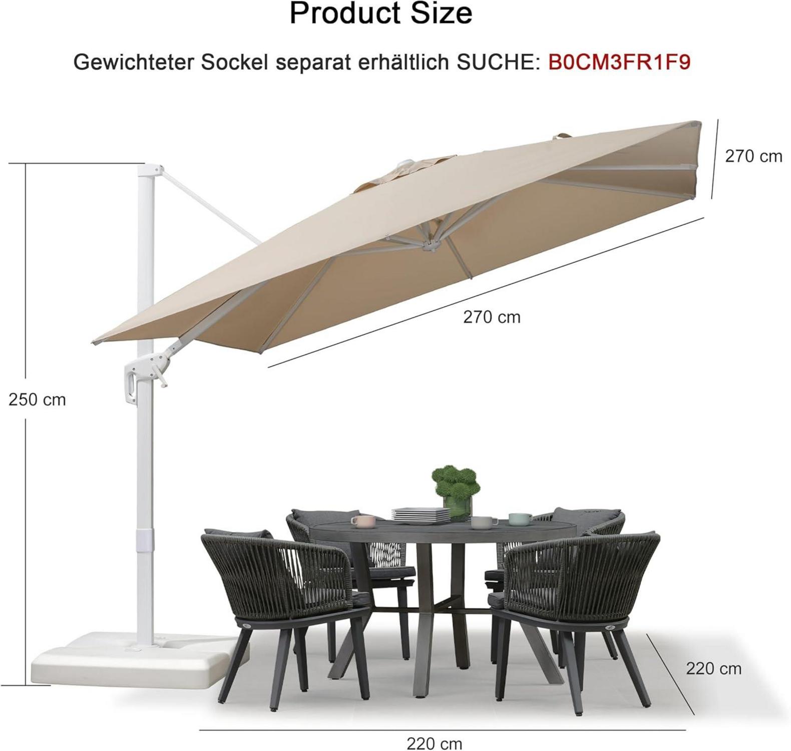 Ampelschirm 270x270 cm mit Kurbel, aluminium Gestell, Sonnenschutz Beige