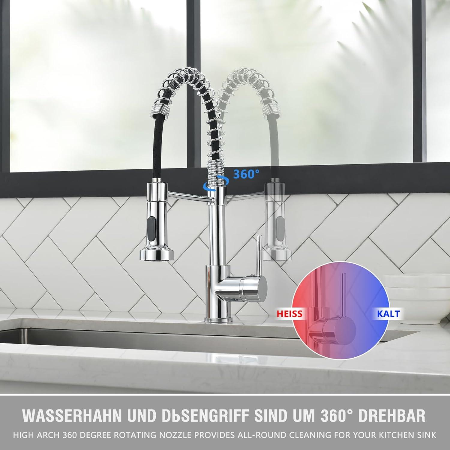 TIMACO Küchenarmatur Chrom mit Spiralfeder 360° Schwenkbar - Hochdruck