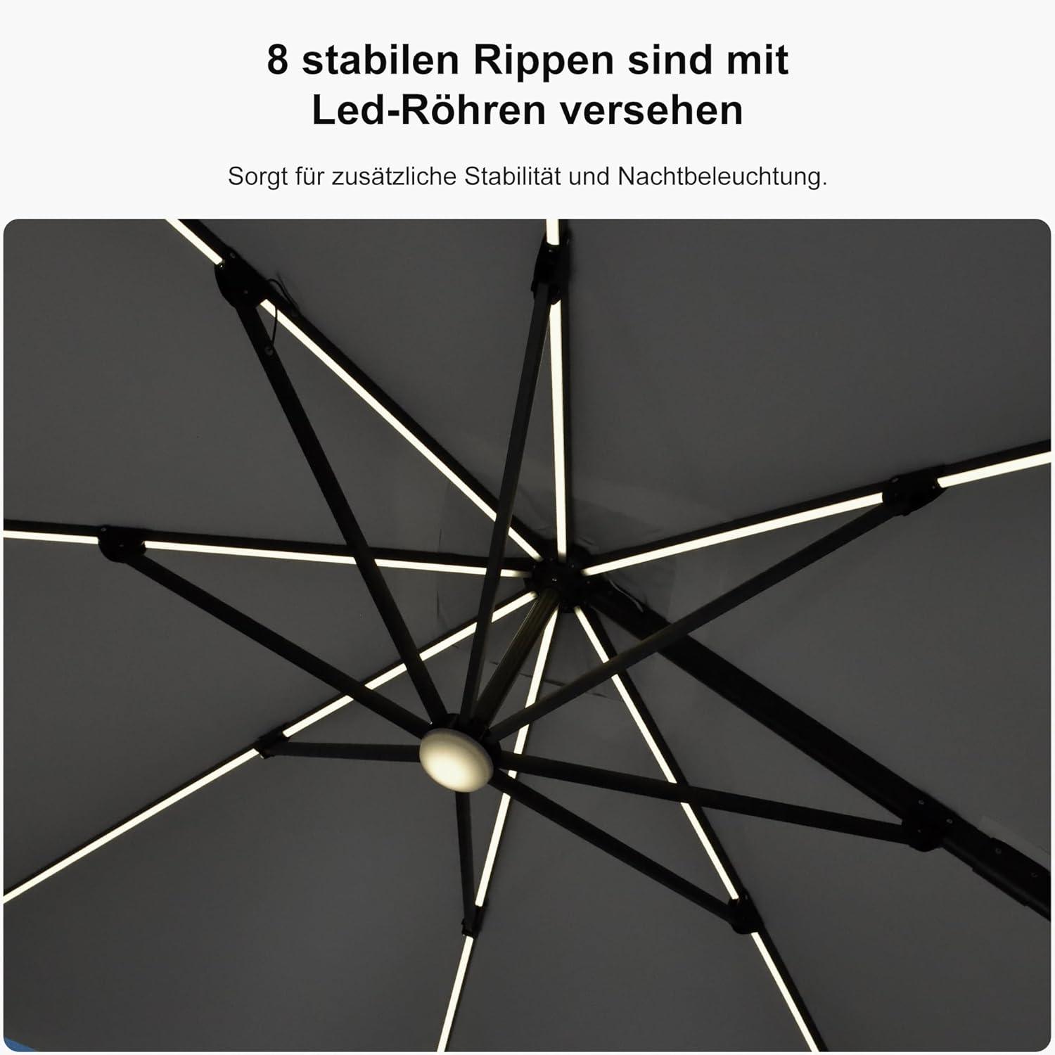 Sonnenschirm mit Solar LED Beleuchtung und Kurbel 300x300cm