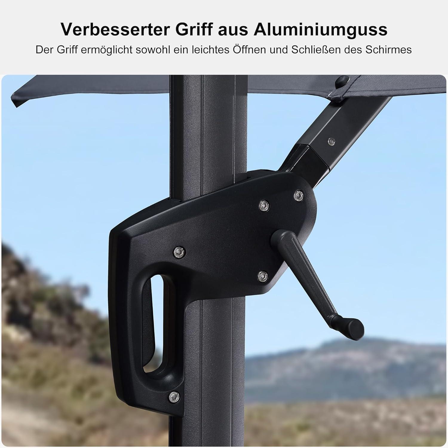 Ampelschirm 300x300 cm Solar LED Gartenschirm Kurbel 360° Rotation UV Hellgrau