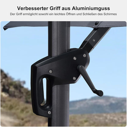 Ampelschirm 300x300 cm Solar LED Gartenschirm Kurbel 360° Rotation UV Hellgrau