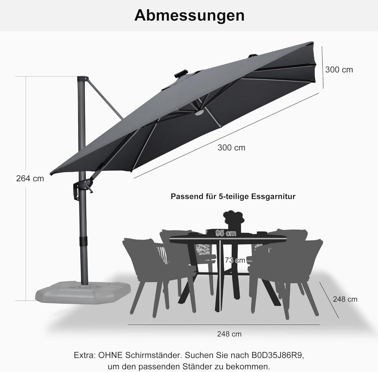 300x300cm Solar LED Sonnenschirm Aluminium Kurbel Gartenschirm Hellgrau UV