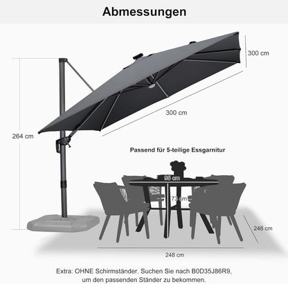 300x300cm Solar LED Sonnenschirm Aluminium Kurbel Gartenschirm Hellgrau UV