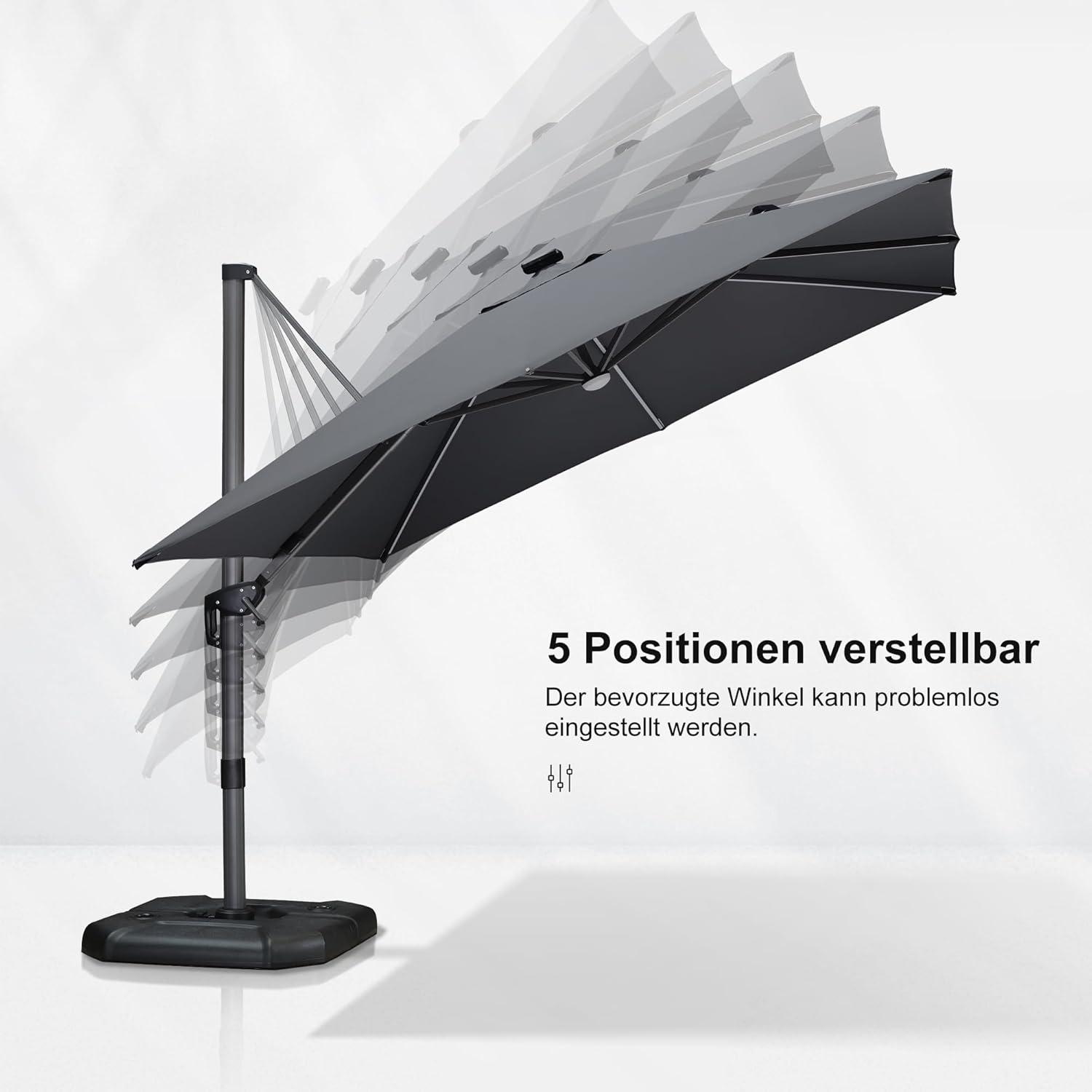 300x300cm Solar LED Sonnenschirm Aluminium Kurbel Gartenschirm Hellgrau UV
