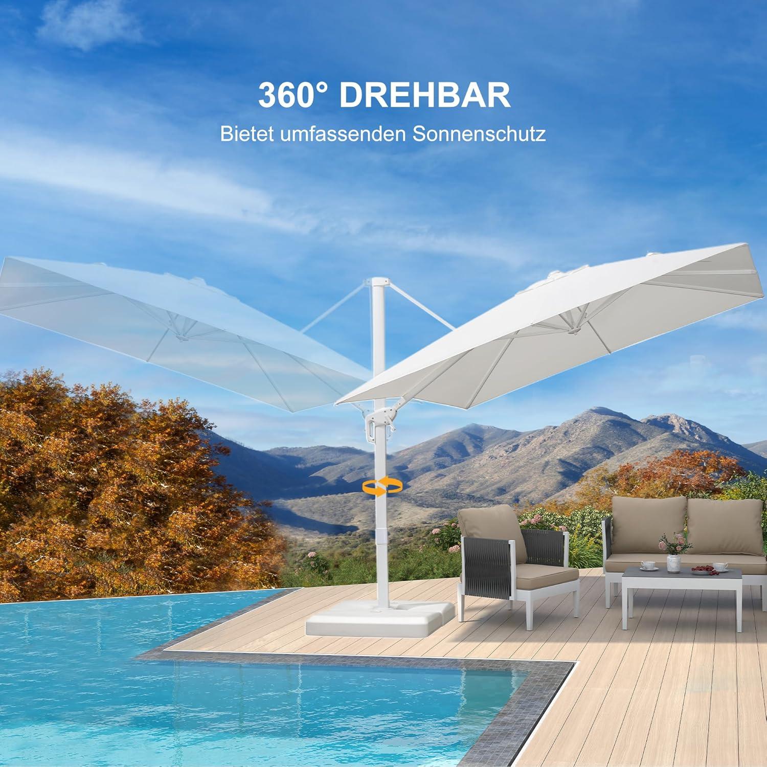 Aluminium Sonnenschirm 250x250cm 360° Drehbar Weiß Terrasse Balkon UV-beständig