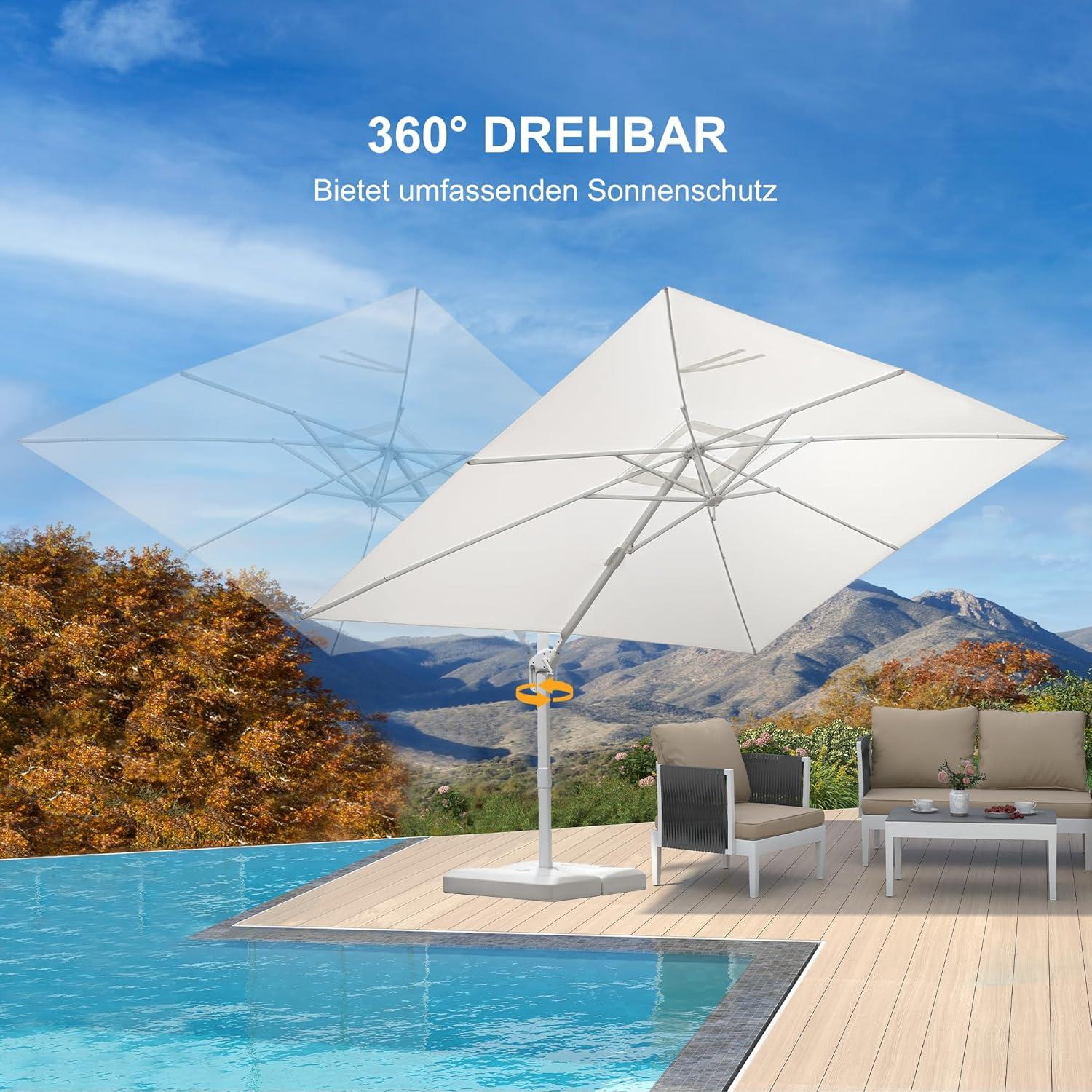 Ampelschirm Rechteckig 270x350 cm Weiß Sonnenschirm groß Alu Gestell Drehbar