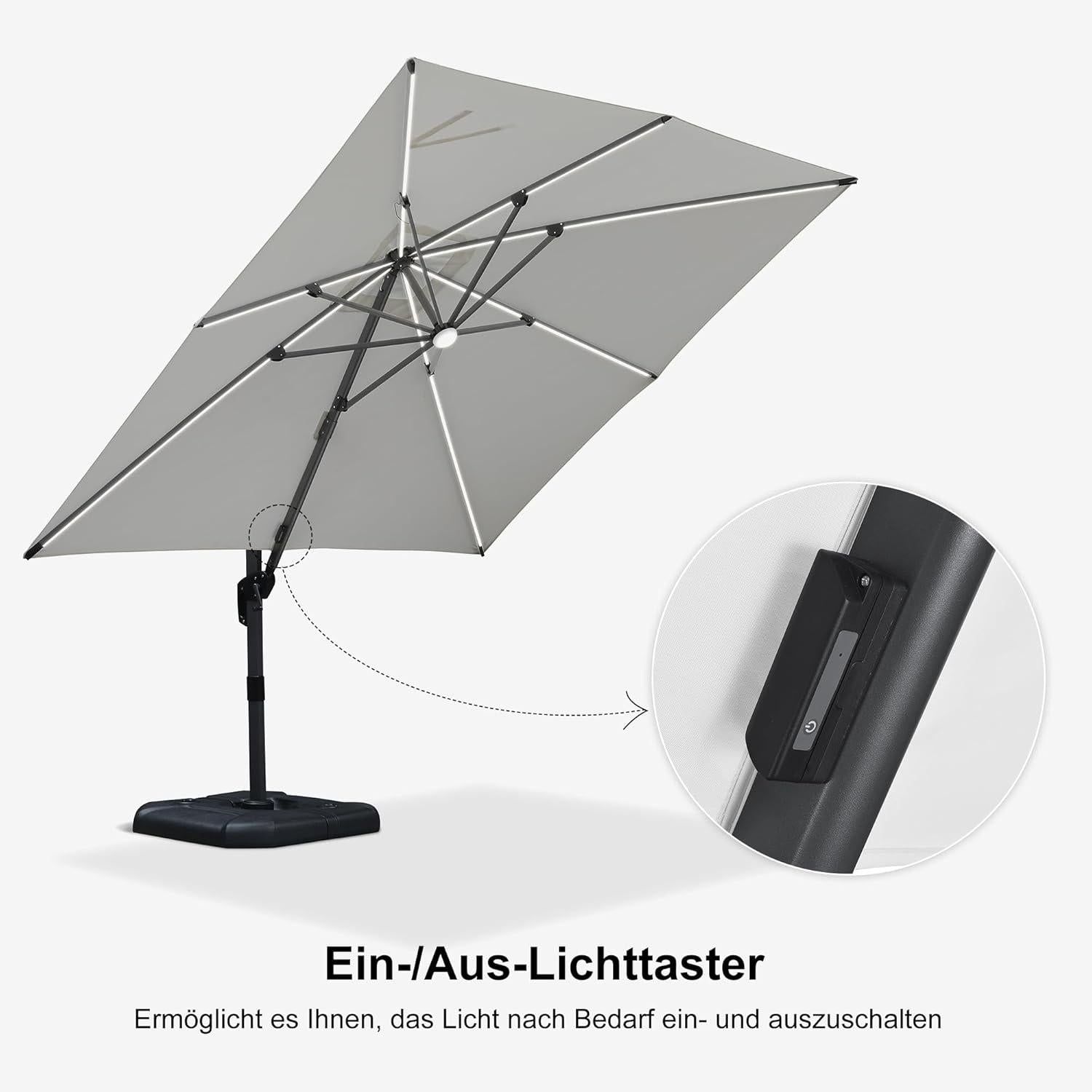 Aluminium Ampelschirm mit Solar LED Beleuchtung 300x300cm UV-beständig
