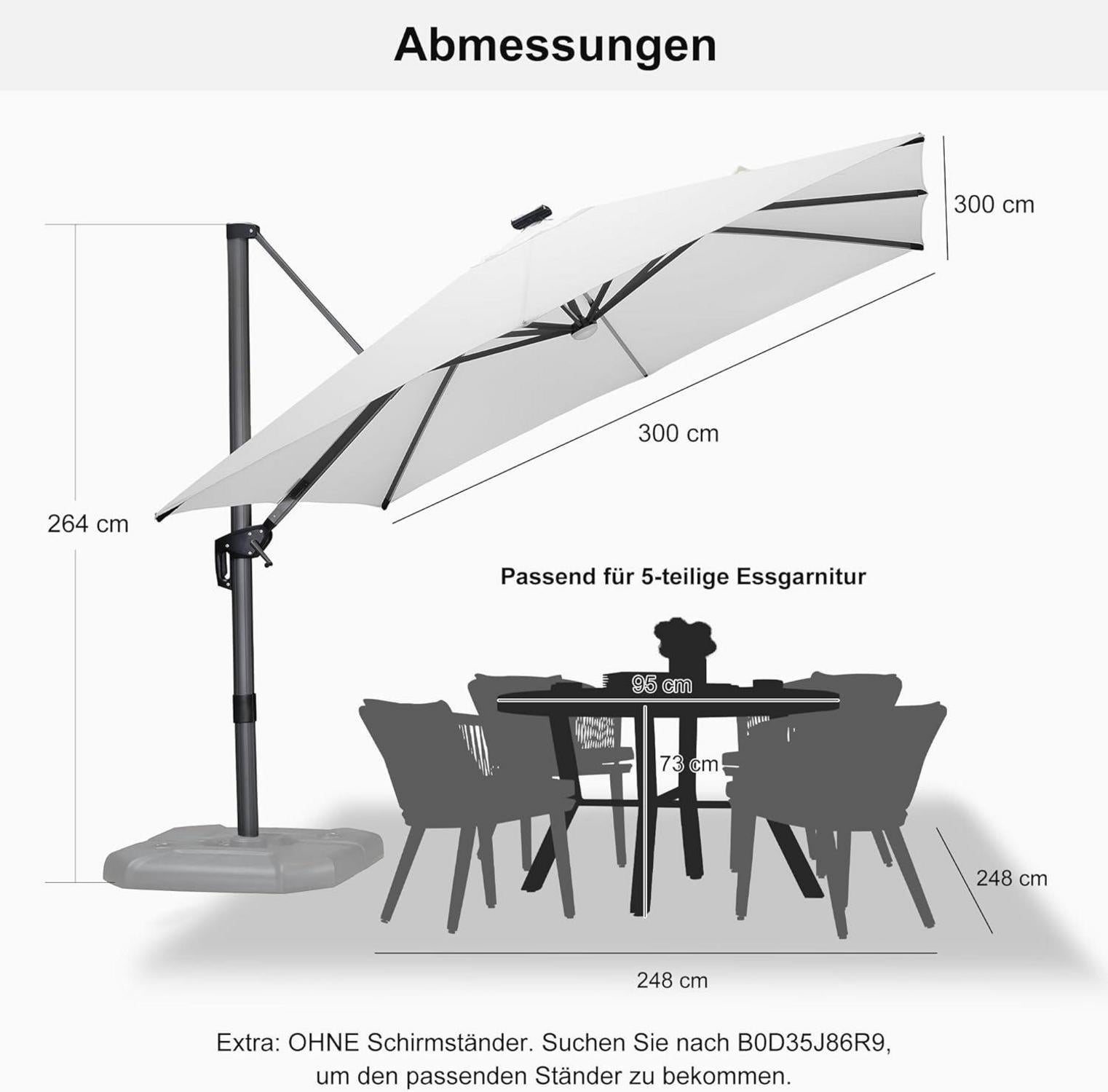 Ampelschirm 300x300 cm mit Solar