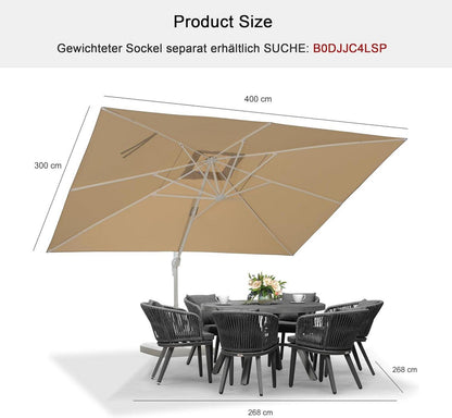 Ampelschirm Rechteckig 300x400 cm Weiß Kurbel UV-beständig Terrasse