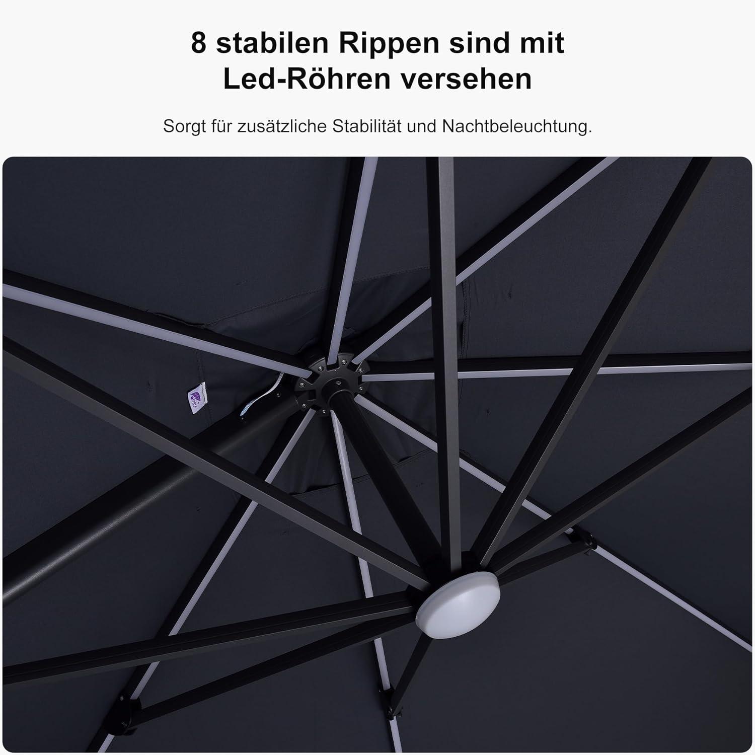Ampelschirm 300x300cm LED Solar Beleuchtung Kurbel Grau UV-beständig