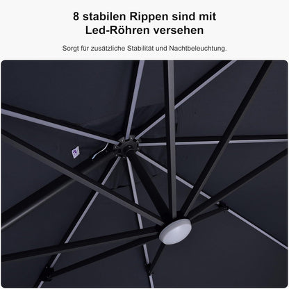Ampelschirm 300x300cm LED Solar Beleuchtung Kurbel Grau UV-beständig