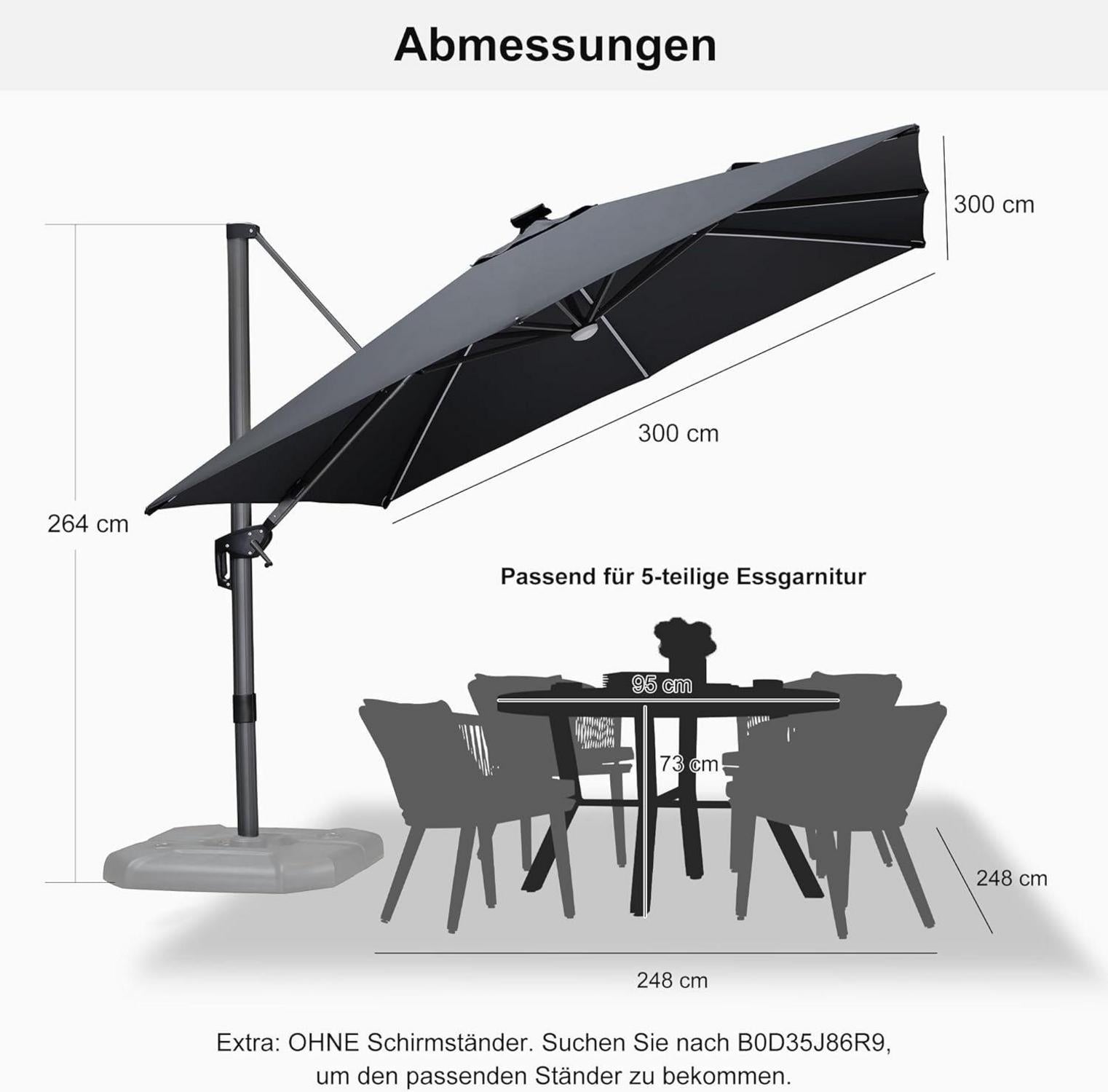 Sonnenschirm 300x300 cm Aluminium Solar LED Beleuchtung ampelschirm