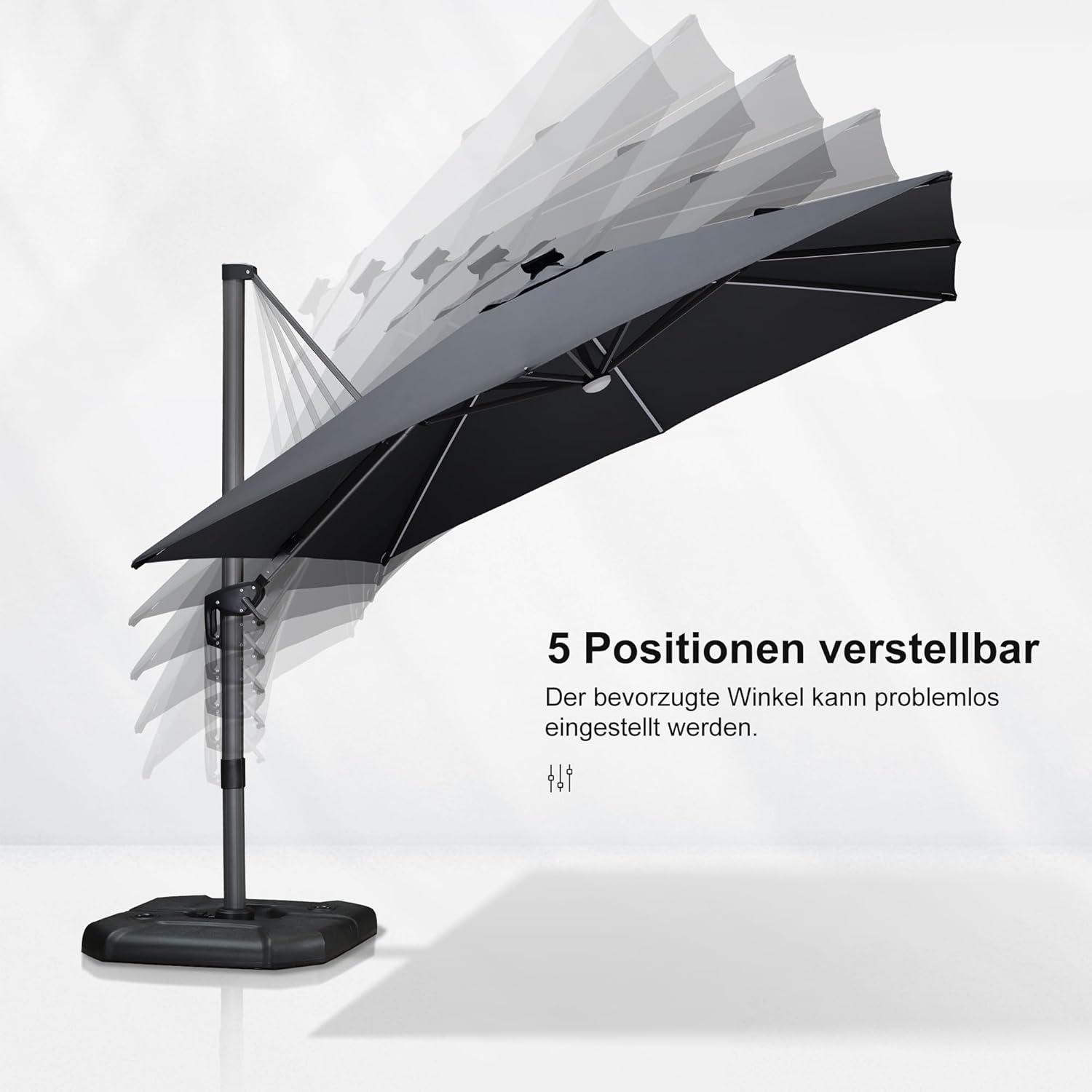 PURPLE LEAF Sonnenschirm 300x300 cm LED Solar Gartenschirm Kurbel Grau UV-Stoff