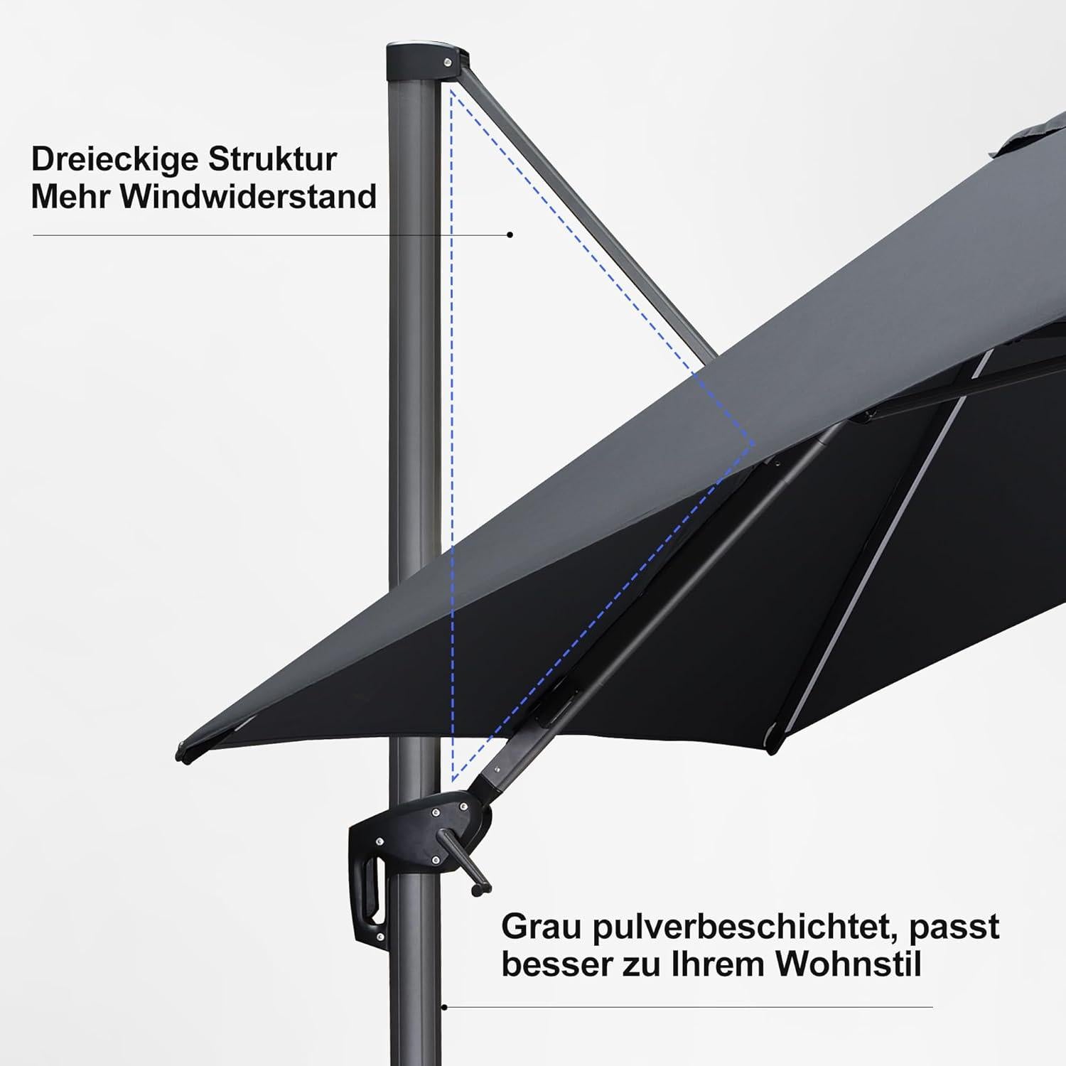 Ampelschirm 300x300cm LED Solar Beleuchtung Kurbel Grau UV-beständig