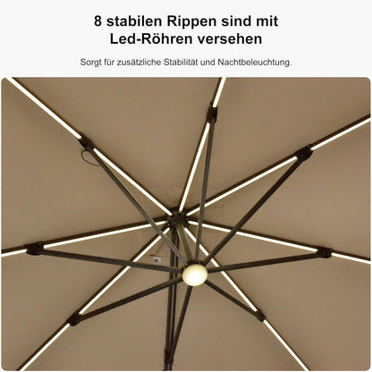 Sonnenschirm mit Solar LED Beleuchtung, Aluminium Ampelschirm