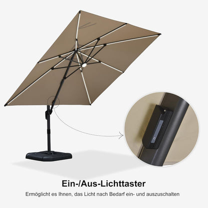 Aluminium Sonnenschirm 300x300cm mit Solar LED Beleuchtung, Kurbel & Rotation