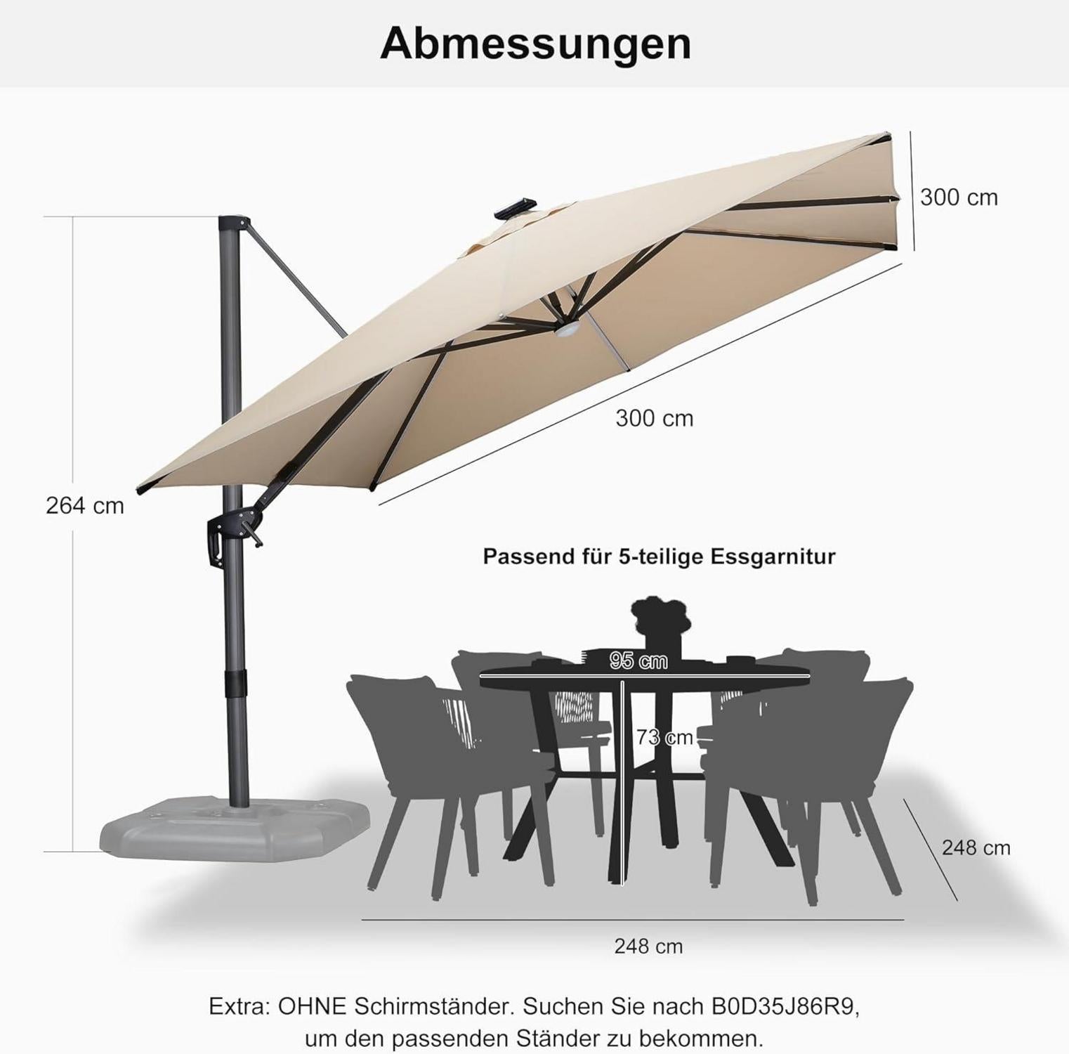 300x300 cm Solar LED Sonnenschirm Aluminium Beige Kurbel UV-beständig