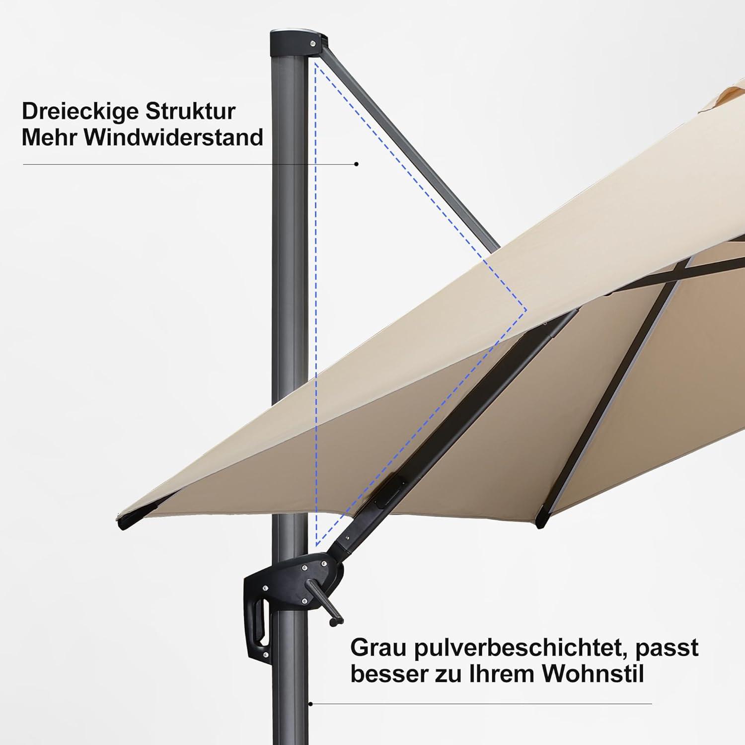 Aluminium Sonnenschirm 300x300cm mit Solar LED Beleuchtung, Kurbel & Rotation