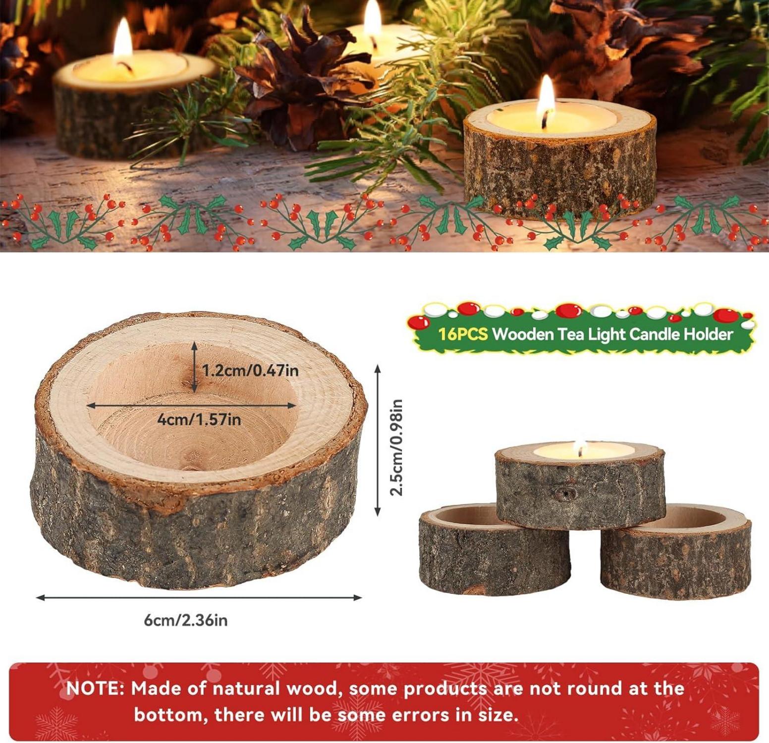 16er Set Teelichthalter Holz Kerzenhalter Natur Rund Vintage Deko