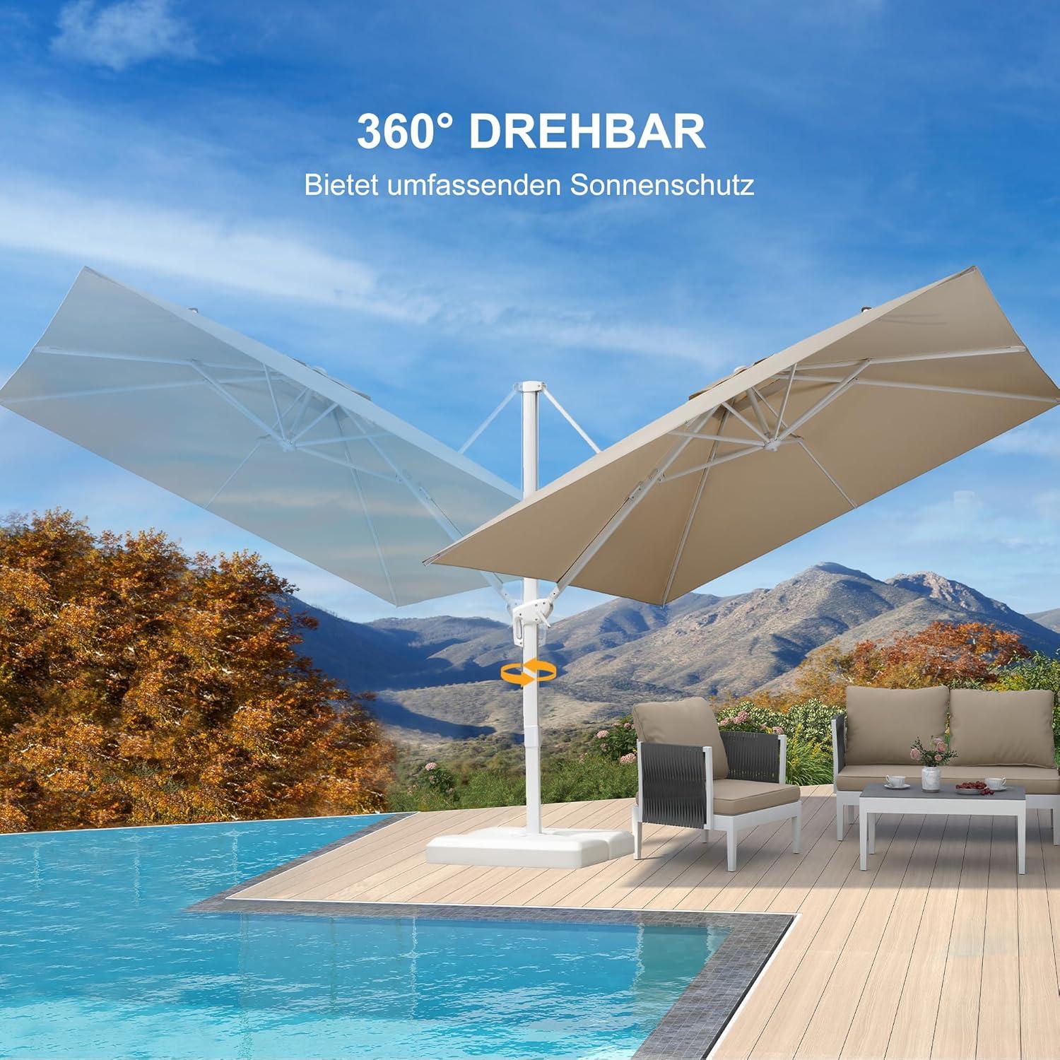 Ampelschirm 300x300cm Beige, UV-beständig, Aluminiumgestell, 360° drehbar