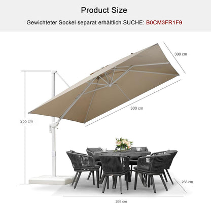 Ampelschirm 300x300cm Beige, UV-beständig, Aluminiumgestell, 360° drehbar