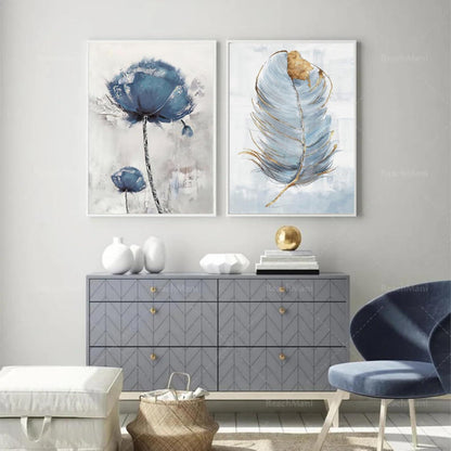 Blau Blumen Feder Wandbilder Poster 2er Set 40 x 50 cm