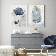 Blau Blumen Feder Wandbilder Poster 2er Set 40 x 50 cm