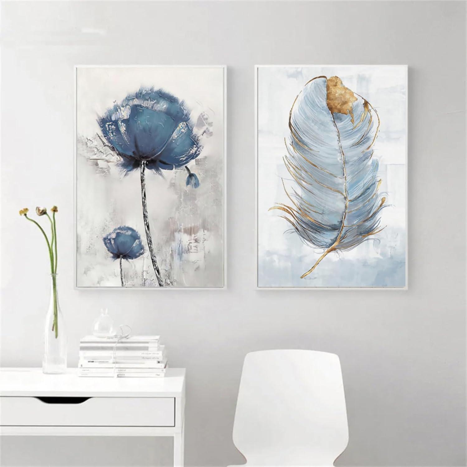 Moderne Blau Blumen Feder Wandbilder 2er Set 40x50cm