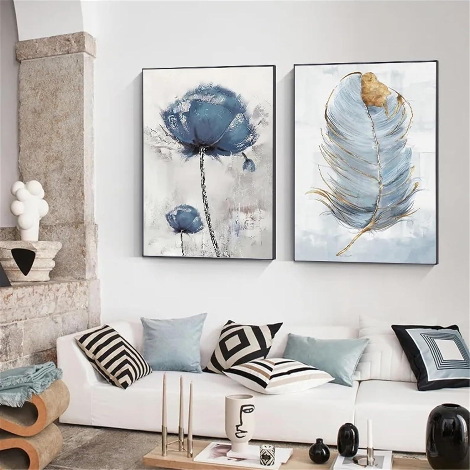 Blau Blumen Feder Wandbilder Poster 2er Set 40 x 50 cm