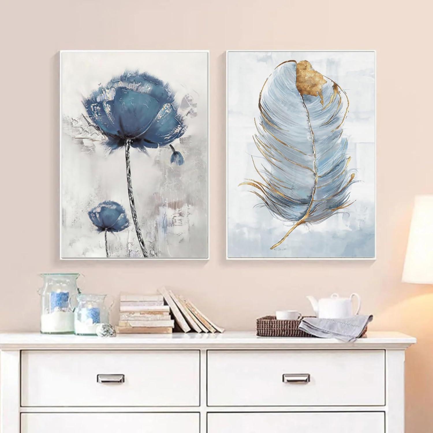 Wandbilder Poster Blau Blumen Feder 2er Set 40x50 cm - Kunst Leinwandbilder