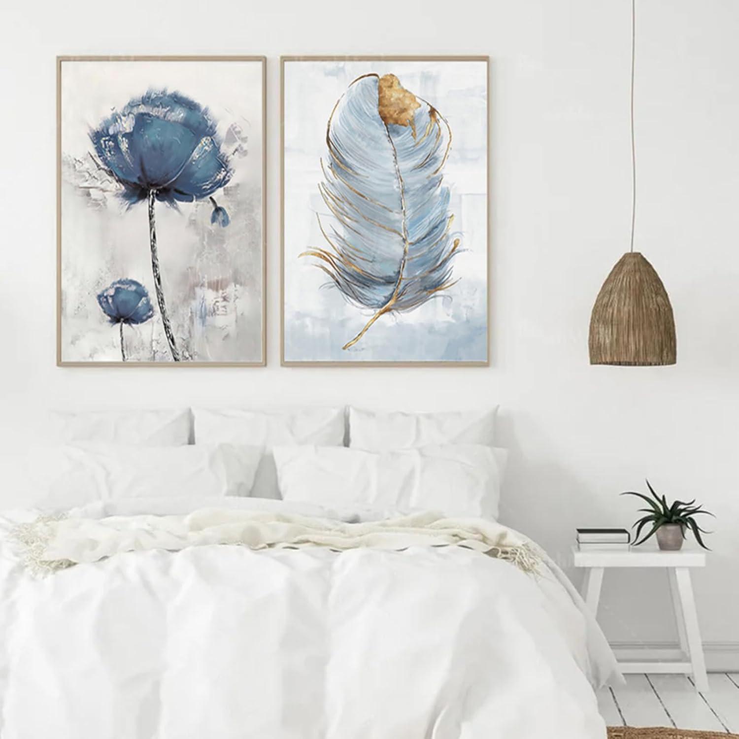 2er Set Blaue Blumen Feder Wandbilder Poster 40x50cm Wohnzimmer Schlafzimmer