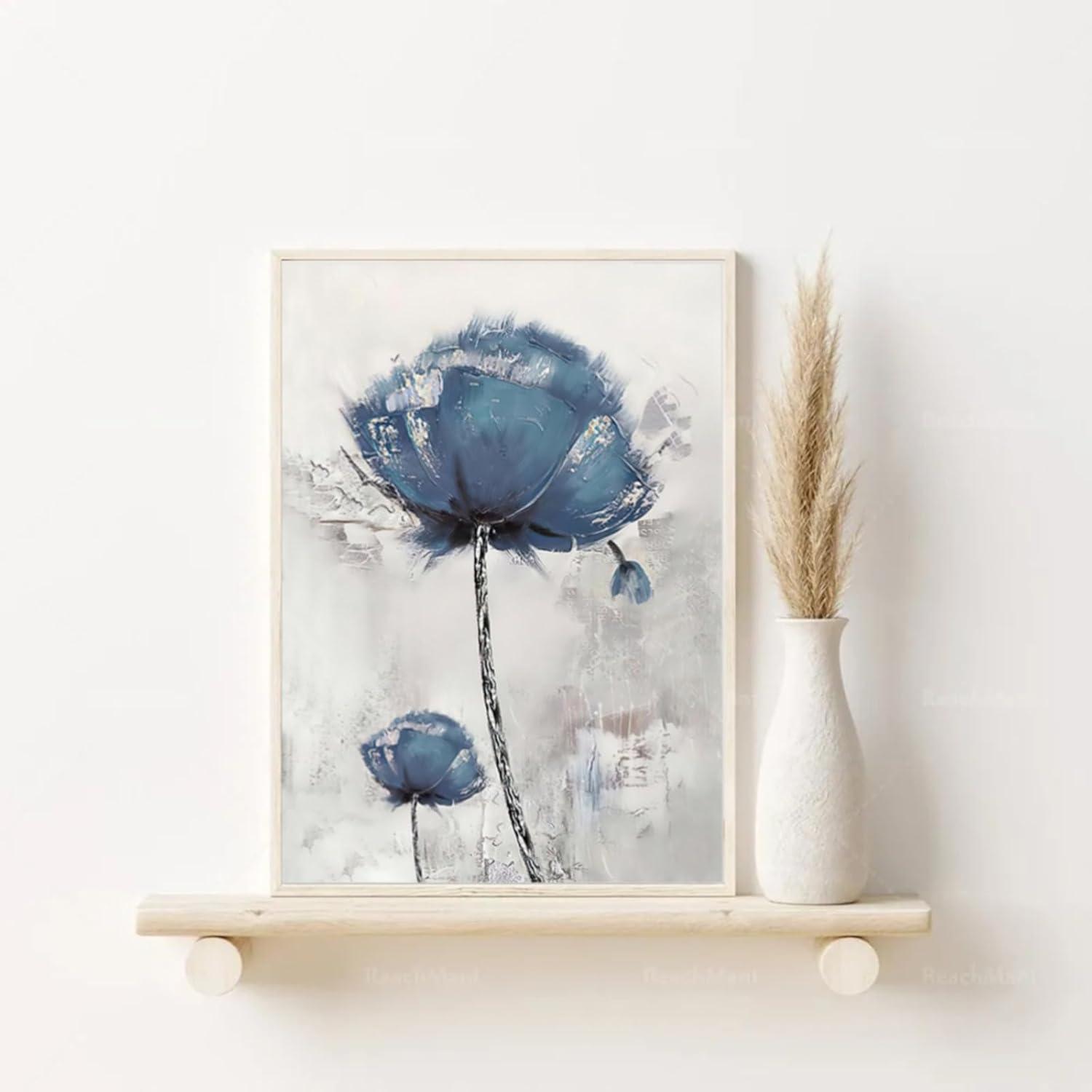 Blau Blumen Feder Wandbilder Poster 2er Set Leinwandbilder 40 x 50 cm
