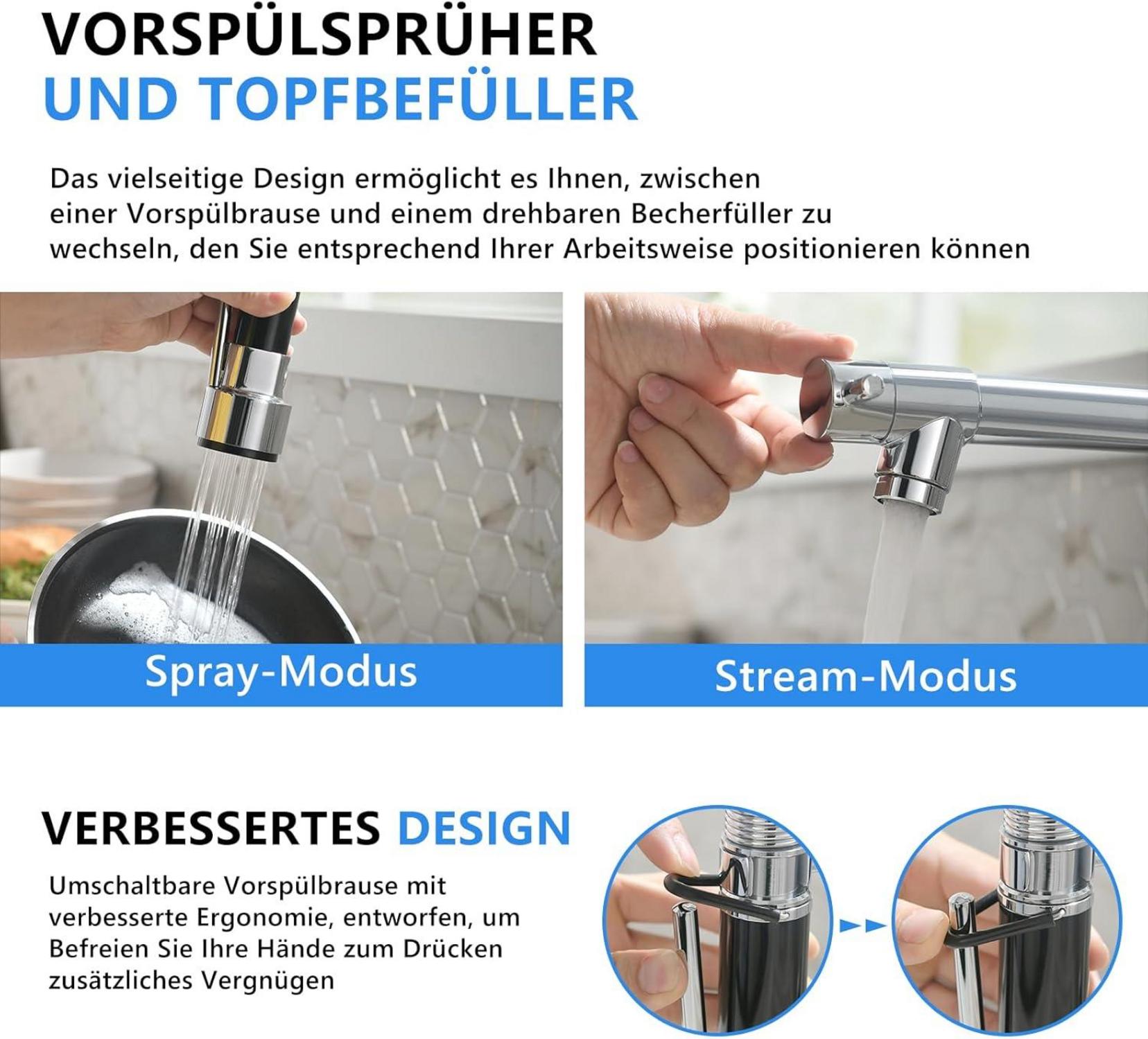 TIMACO Wasserhahn Küche Chrom mit Ausziehbarer Brause - Hochdruck - 360° Schwenkbar