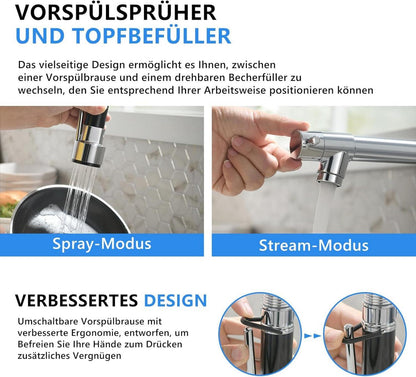 TIMACO Wasserhahn Küche Chrom mit Ausziehbarer Brause - Hochdruck - 360° Schwenkbar