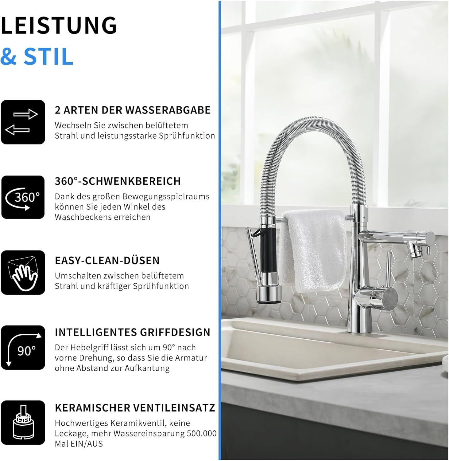 TIMACO Wasserhahn Küche Chrom mit Ausziehbarer Brause - Hochdruck - 360° Schwenkbar