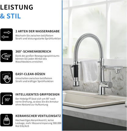 TIMACO Wasserhahn Küche Chrom mit Ausziehbarer Brause - Hochdruck - 360° Schwenkbar