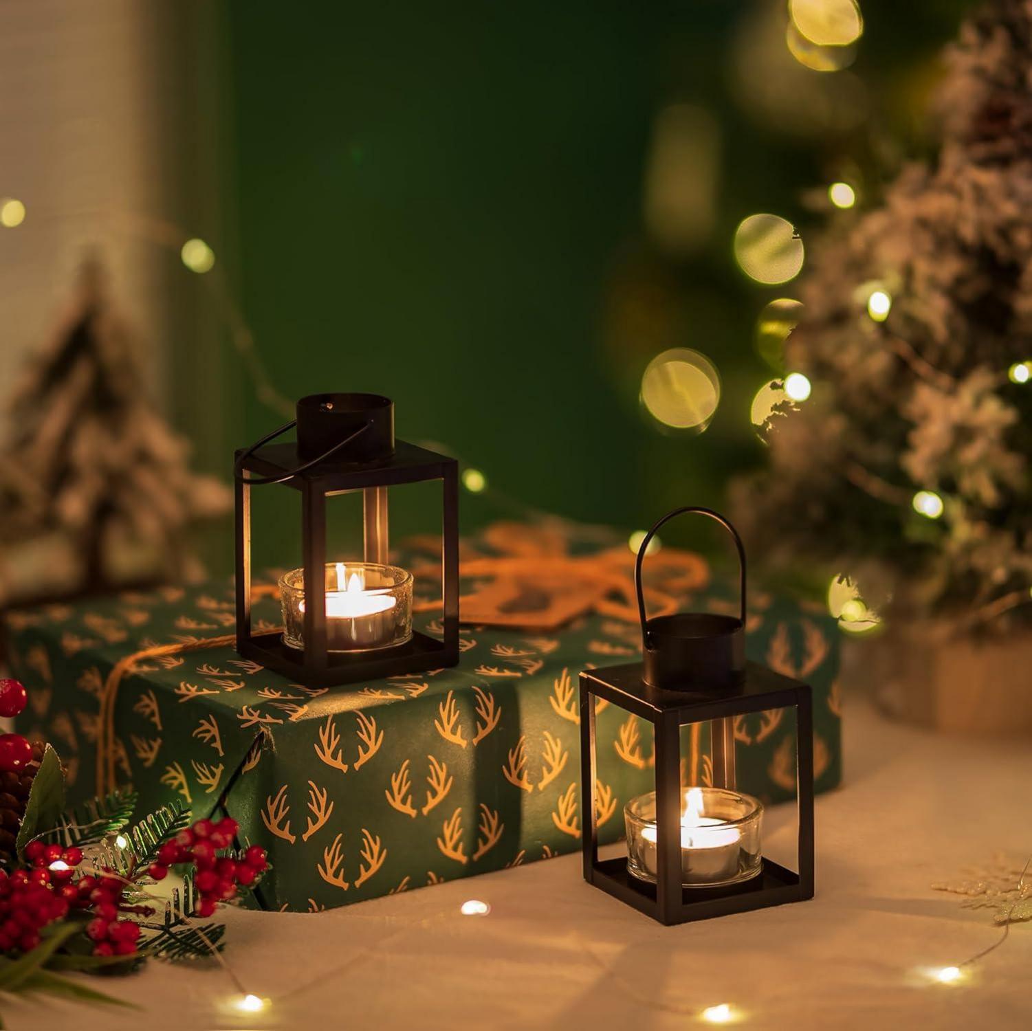 Romadedi Kleine Teelicht Laterne Schwarz 2er Set Metall Deko für Outdoor Weihnachten