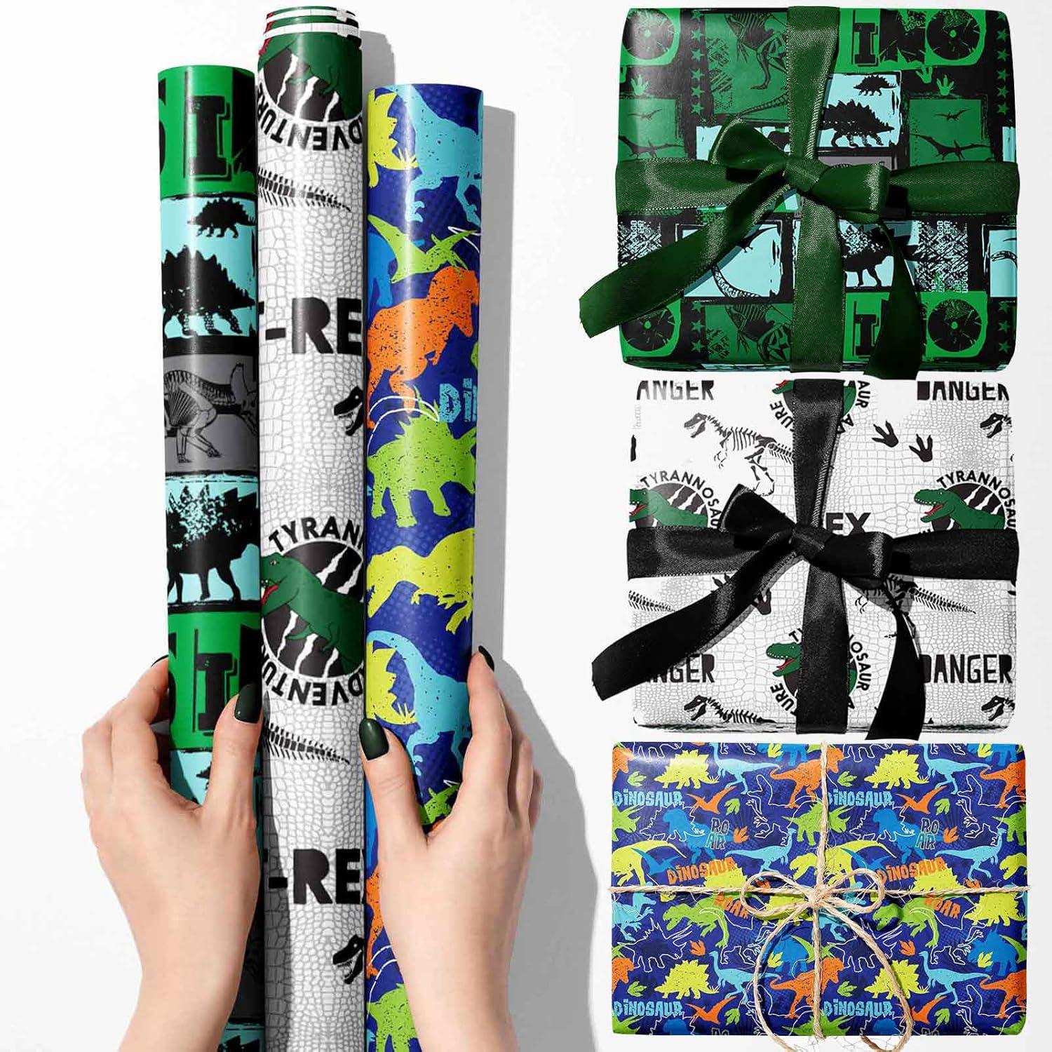 Dinosaurier Geschenkpapier 3 Rollen für Kindergeburtstag