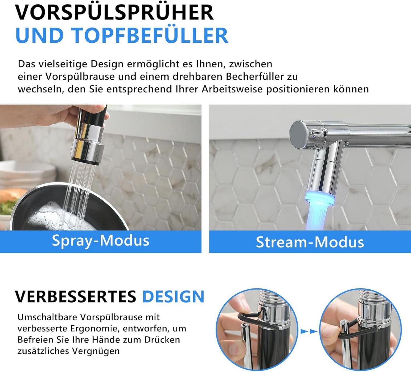TIMACO LED Wasserhahn Küche Chrom Schloss Brause Ausziehbar 360° Schwenkbar