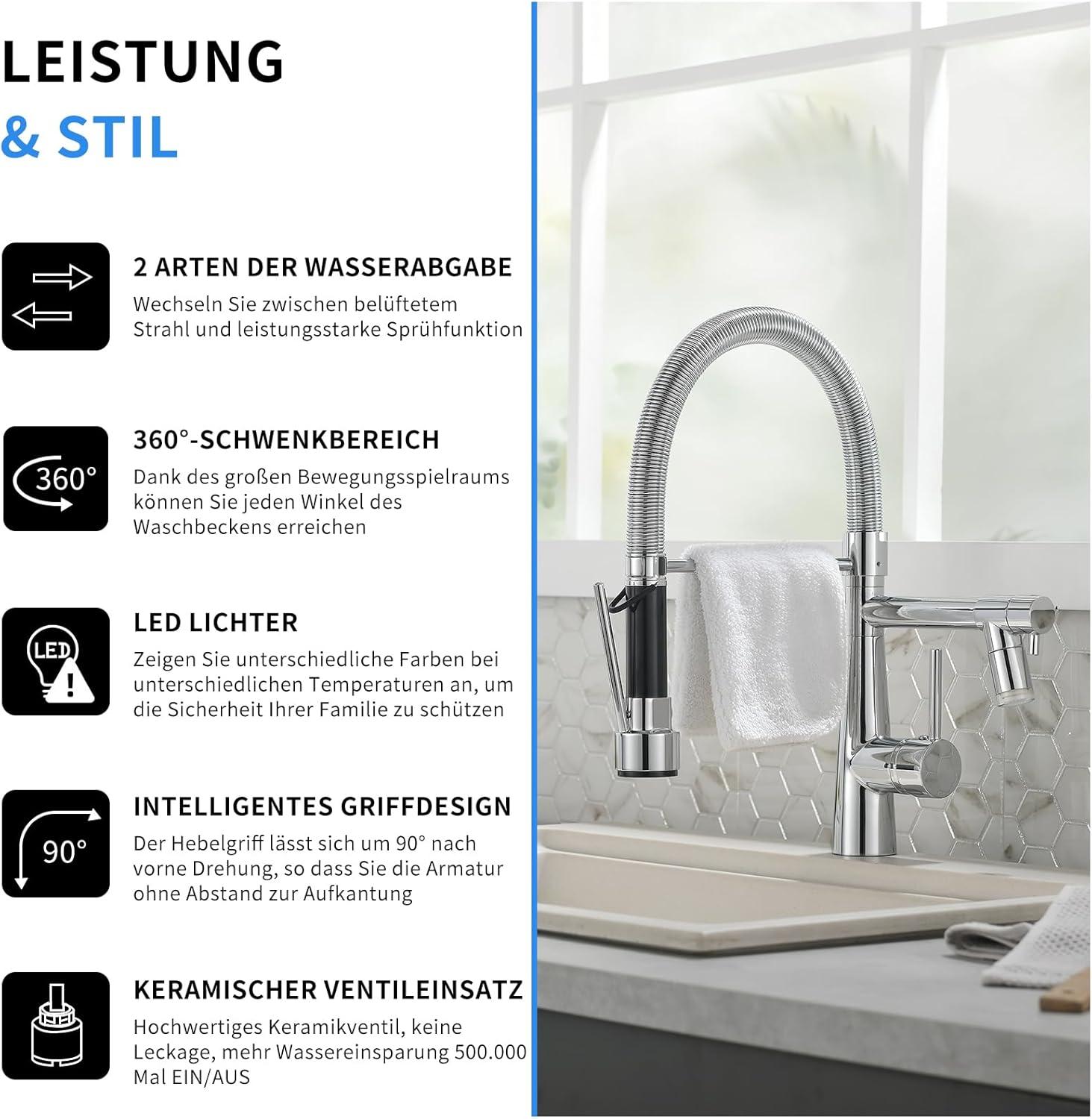 TIMACO LED Wasserhahn Küche Chrom Schloss Brause Ausziehbar 360° Schwenkbar
