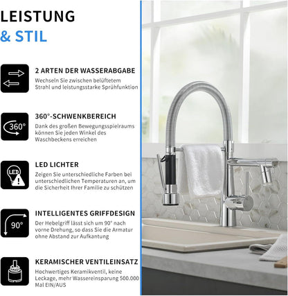 TIMACO LED Wasserhahn Küche Chrom Schloss Brause Ausziehbar 360° Schwenkbar