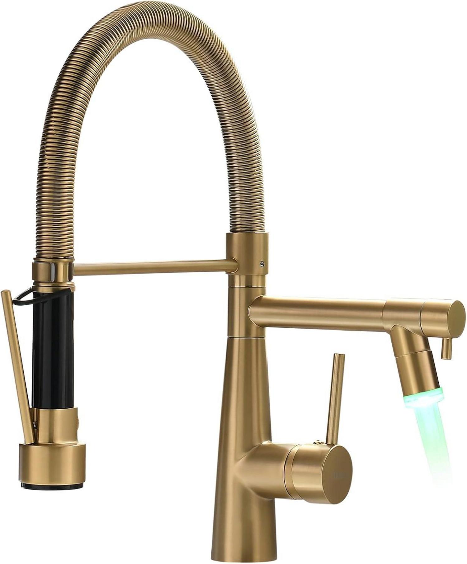 LED Wasserhahn Küche Gebürstetes Gold Schloss Ausziehbar