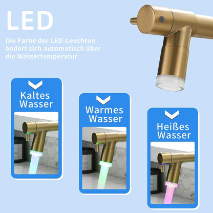 LED Wasserhahn Küche Gebürstetes Gold Schloss Ausziehbar 360° Schwenkbare Spray