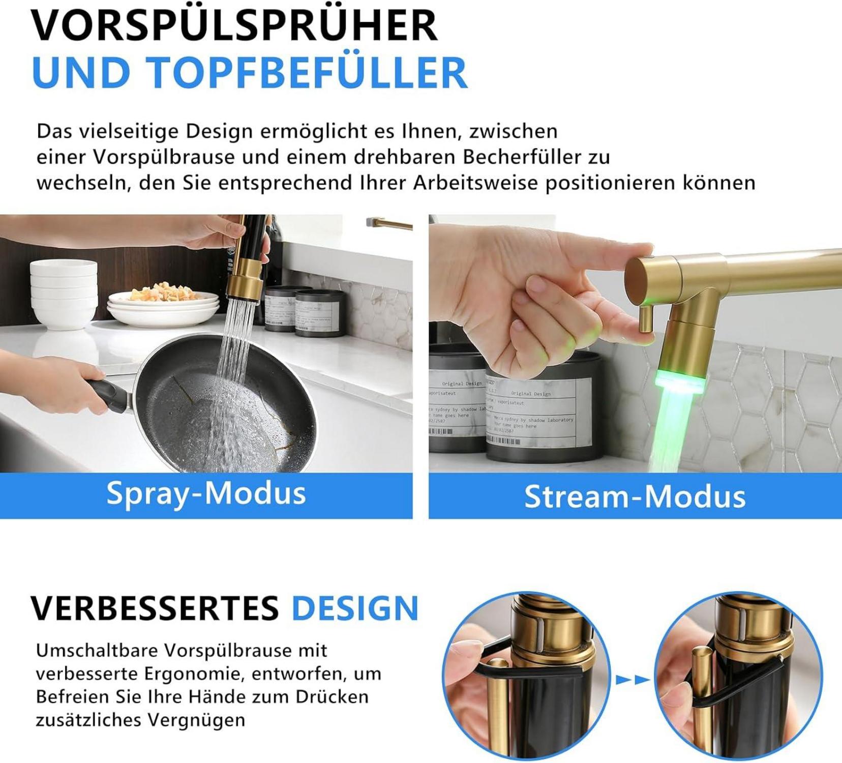 LED Wasserhahn Küche Gebürstetes Gold mit Pull-Down-Spray