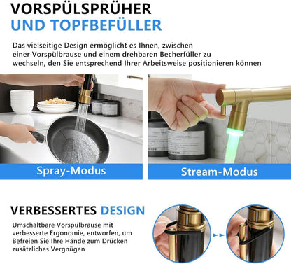 LED Wasserhahn Küche Gebürstetes Gold mit Pull-Down-Spray