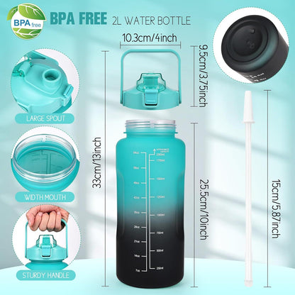 2L Trinkflasche BPA Free mit Zeitmarkierung Strohhalm & Lock