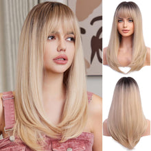 Lange Blonde Synthetische Perücke mit Pony für Frauen
