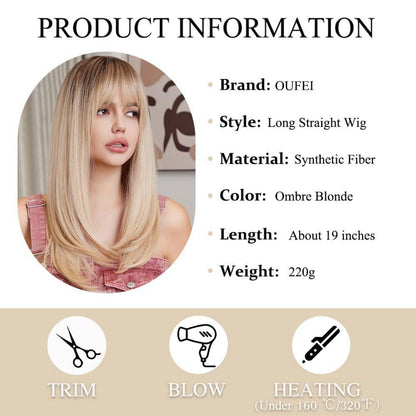 Blonde Lange Gerade Perücke mit Pony Dark Roots Synthetische